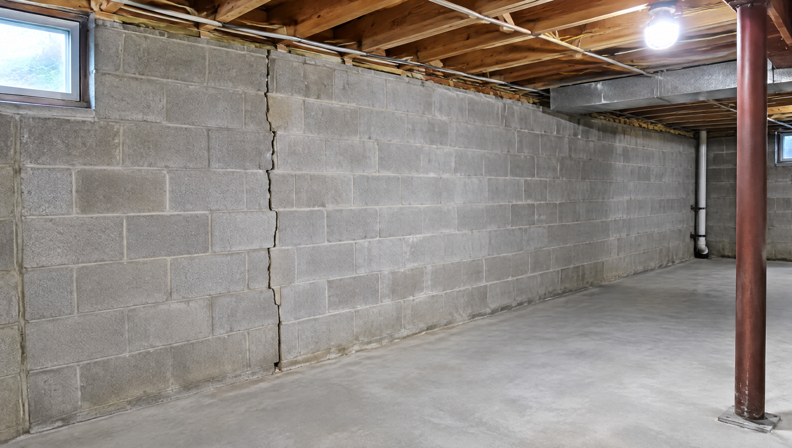 Unfinished basement foundation wall being inspected for structural readiness before remodeling — EZ Basement Remodeling, Lake County IL